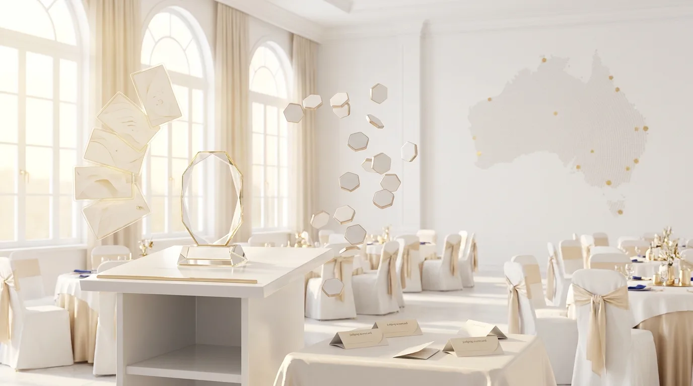 An elegant event space is set up for the VET Sector Awards, featuring a map of Australia.
